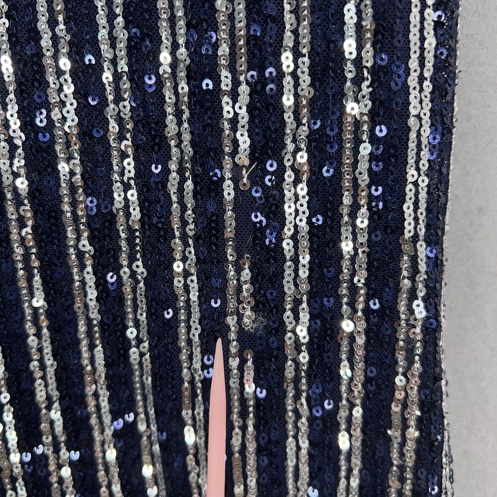 Anthropologie Flat White Dress Women Small Navy Blue Silver Sequin Striped Party - Picture 14 of 16